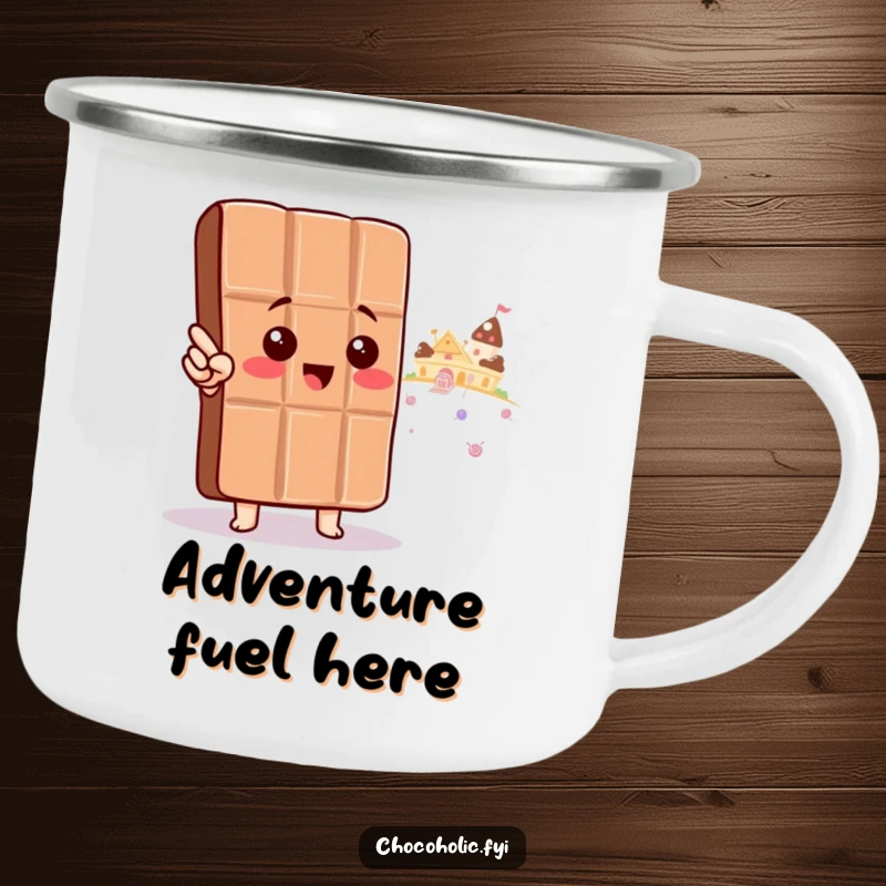 Funny Camping Mug: Kawaii chocolate bar character points towards candy land, designed for sweet outdoor adventures.
