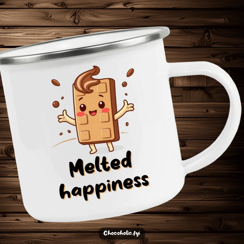 Funny Camping Mug: Kawaii chocolate bar character embraces a swirling cocoa cloud, designed for sweet, cozy outdoor enjoyment.