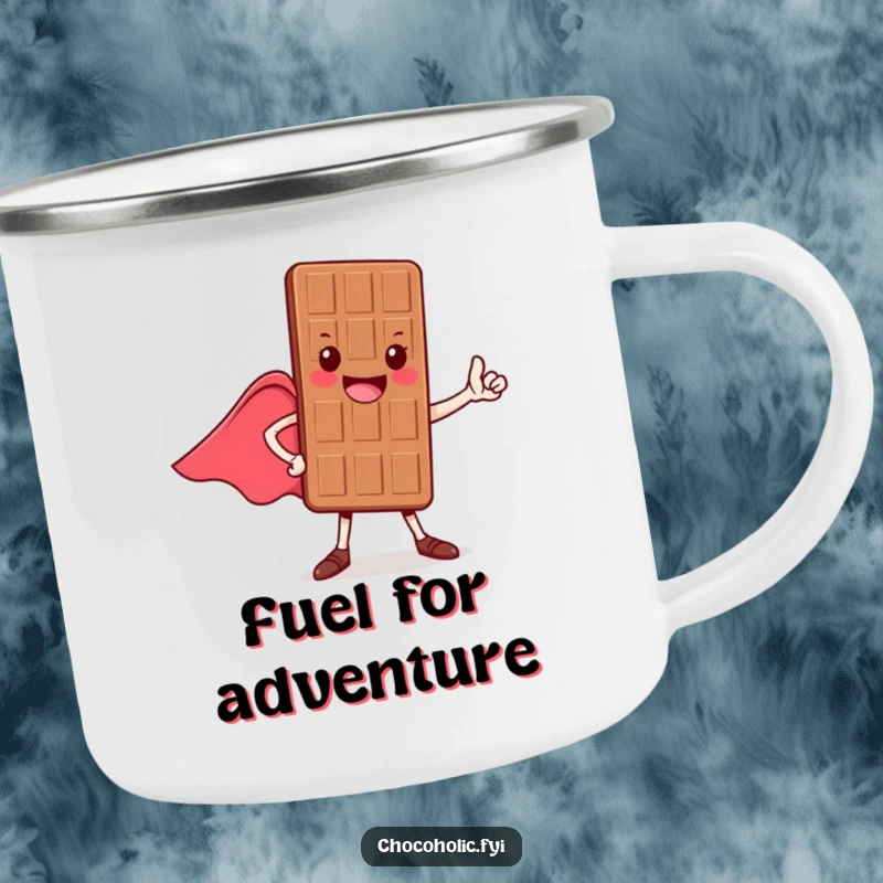Funny camping mug featuring a cheerful chocolate bar character in a heroic pose, cape flowing, built for adventure sustenance.