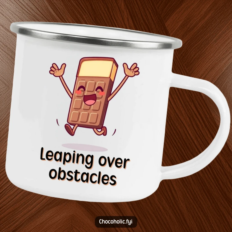 Funny chocolate bar camping mug with a character doing a dramatic, joyful leap, perfect for outdoor enjoyment.