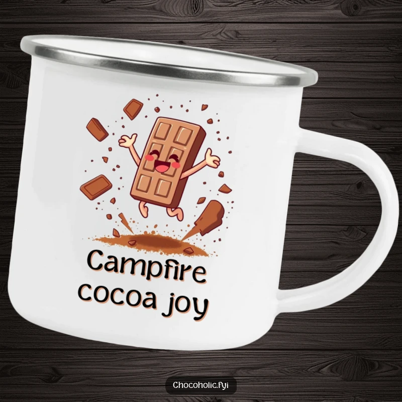 Funny chocolate bar character leaping joyfully, scattering cocoa powder like confetti on a rugged camping mug.