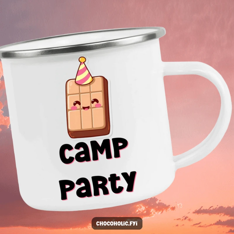 Funny Camping Mug featuring a smiling chocolate bar with a party hat, bringing portable cheer. Durable and amusing for outdoor enthusiasts.