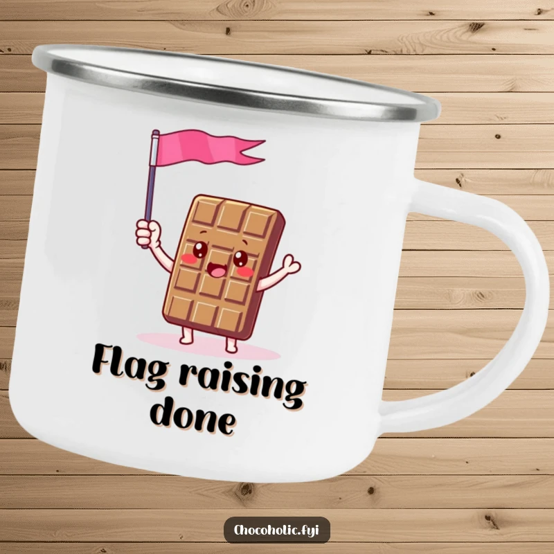 Funny camping mug with a chocolate bar character enthusiastically waving a tiny chocolate foil flag, perfect for campfire celebrations.