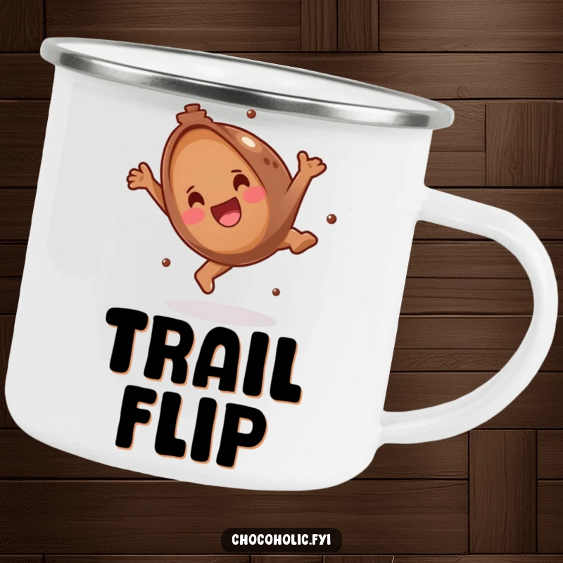 Funny Camping Mug featuring an energetic chocolate truffle doing a somersault, bringing portable joy. Durable and amusing for outdoor enthusiasts.