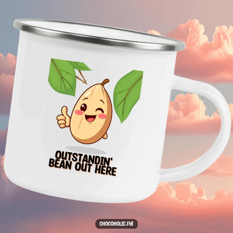 Funny Camping Mug: A smiling cocoa bean enthusiastically gives a thumbs up, perfect for enjoying drinks outdoors.
