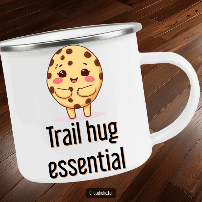 Funny camping mug with a kawaii chocolate chip cookie character giving a warm, fuzzy hug, perfect for cozy sips outdoors.