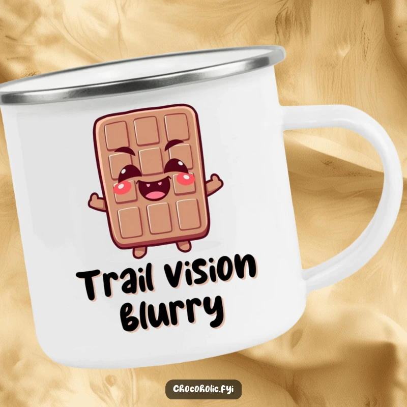 Funny camping mug with a chocolate bar character making a funny, crossed-eyes expression with a giggle, perfect for campfire drinks.