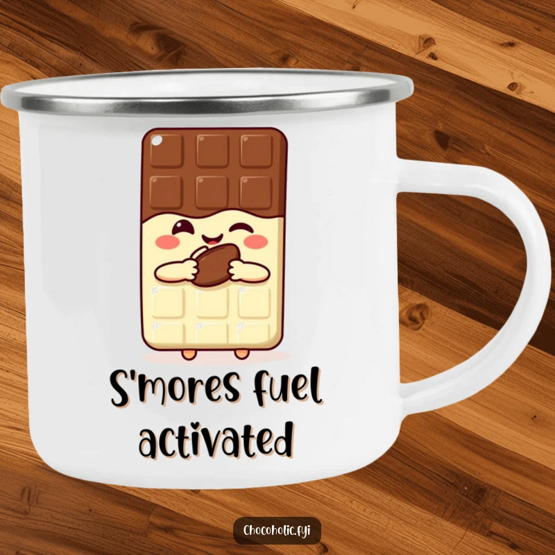 Funny kawaii chocolate bar enamel camping mug with a winking character, perfect for outdoor adventures.