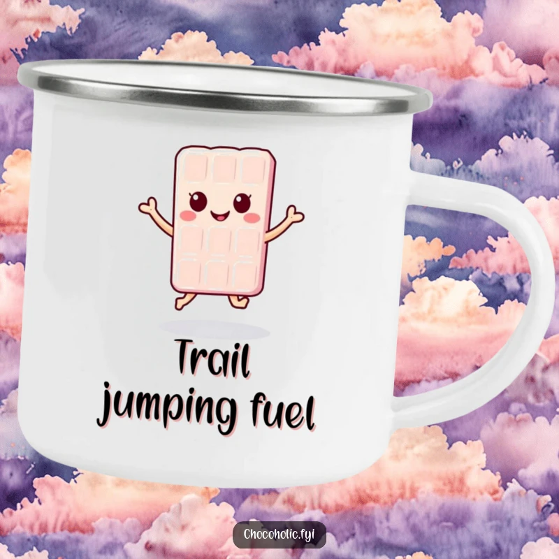 Funny kawaii chocolate bar character leaping with joy on a sturdy camping mug, ready for any adventure.