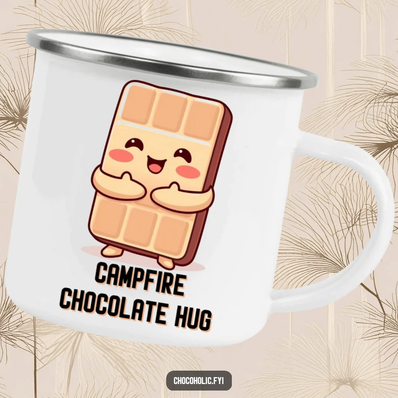 Funny Kawaii chocolate bar embracing itself in a happy hug, a durable and humorous camping mug.