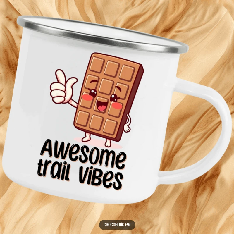 Funny Kawaii Chocolate Thumbs Up Camping Mug: A cute chocolate character giving a joyful thumbs up, perfect for positive drinks outdoors.