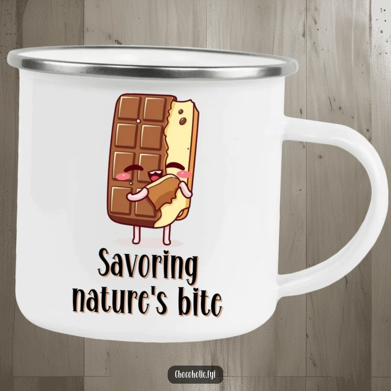 Funny Camping Mug: Kawaii chocolate bar character savoring a bite of itself, eyes closed, perfect for outdoor drinks, adding a humorous and blissful touch.