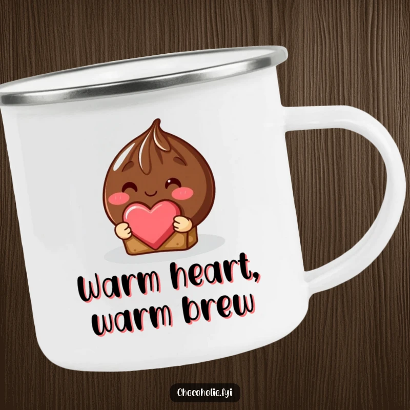 Funny shy chocolate truffle enamel camping mug with rosy blush offering a heart-shaped piece, for outdoor romance.
