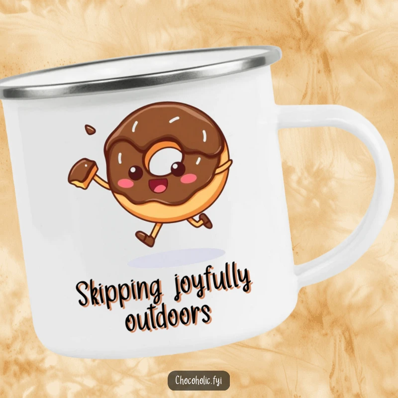 Funny Camping Mug: A chocolate donut happily skips with a bite taken out, perfect for enjoying drinks outdoors.