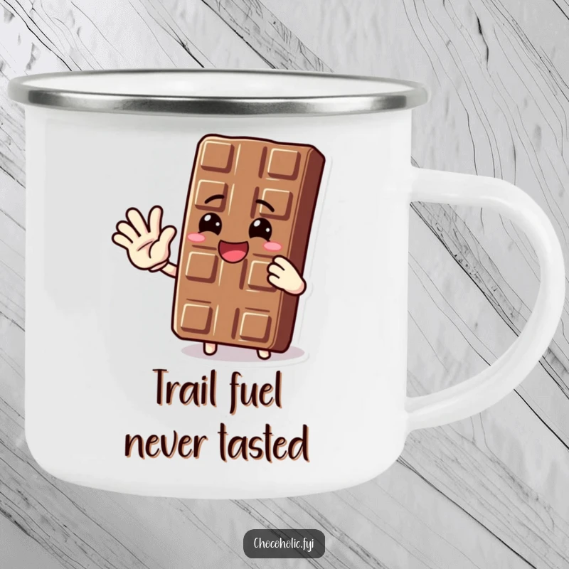 Funny camping mug featuring a joyful chocolate bar character waving hello, perfect for sipping warm beverages outdoors.