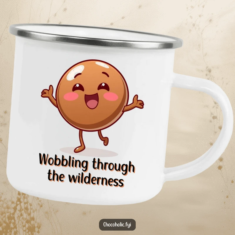 Funny Camping Mug: A chocolate candy gleefully doing a silly wobble dance, ready for your next outdoor adventure.
