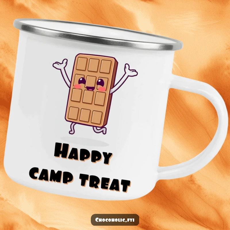 Funny camping mug featuring a chocolate bar character doing a happy hop with raised arms, perfect for outdoor enjoyment.