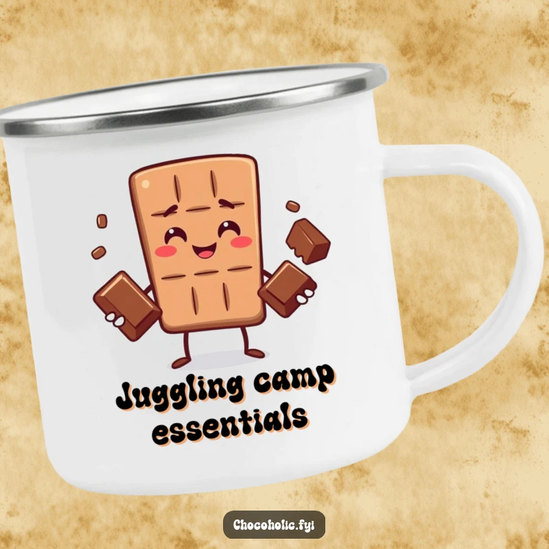 Funny camping mug depicting a chocolate bar character skillfully juggling three chocolates, ready for any sweet challenge outdoors.