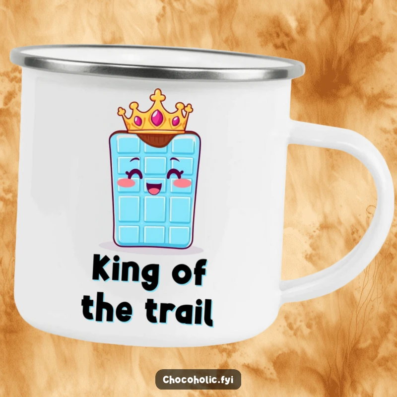 Funny camping mug with a chocolate bar character wearing a crown, looking regal and delighted. Royal outdoor fun.