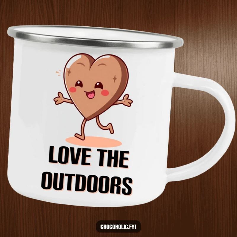 Funny camping mug featuring a giddy chocolate heart character in a playful spin, built for happy outdoor enjoyment.