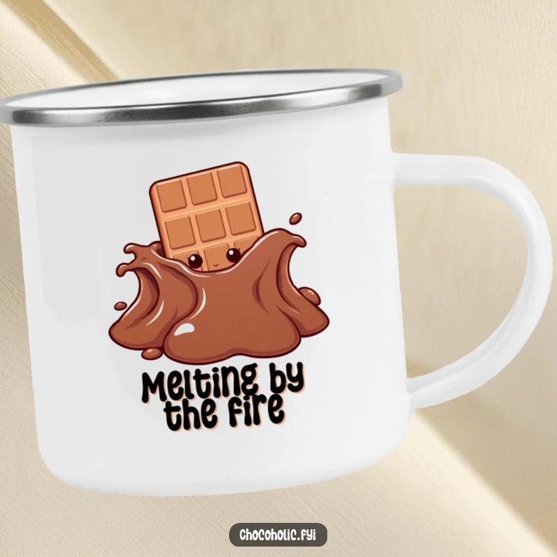 Funny camping mug depicting a chocolate bar character peeking from behind a melting chocolate puddle, ready for sweet adventures.