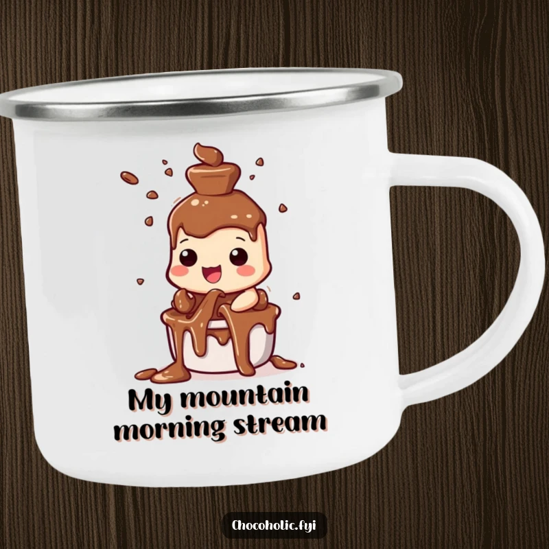 Funny chocolate fountain camping mug with a character joyfully spraying chocolate streams, perfect for outdoor enjoyment.