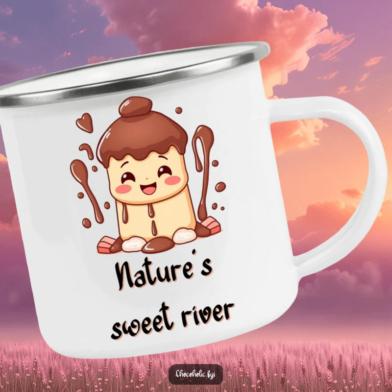 Funny happy chocolate fountain camping mug character with a wide grin, cascading streams of sweet bliss, for enjoying drinks outdoors.