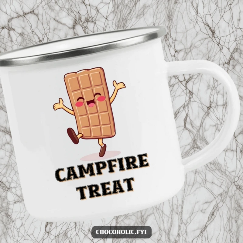 Funny chocolate bar character doing a cartwheel on a camping mug, ideal for sweet outdoor adventures.