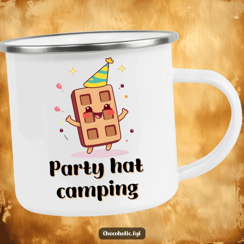 Funny chocolate bar character wearing a party hat, spinning around gleefully on a rugged camping mug.
