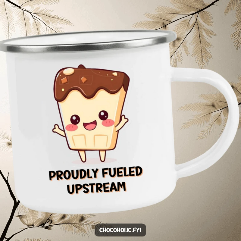 Funny camping mug with a kawaii chocolate bar character beaming with pride, perfect for proud outdoor moments.