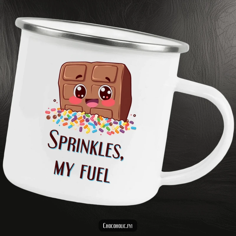 Funny camping mug showcasing a chocolate bar character excitedly diving into a huge pile of colorful sprinkles. Outdoor humor.
