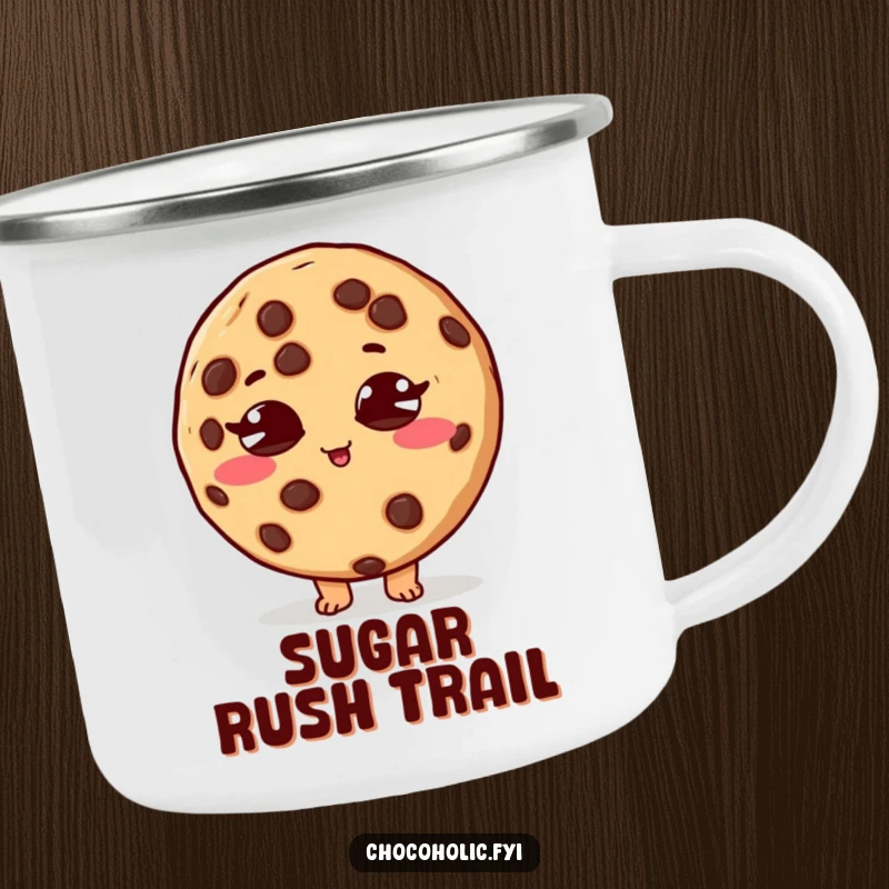 Funny camping mug with a chocolate chip cookie character, eyes crossed, in a sugar rush, for outdoor fun.