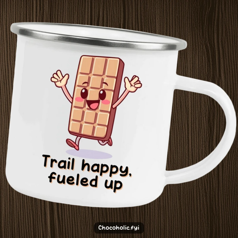 Funny camping mug depicting a chocolate bar character joyfully hopping, arms up, ready for any sweet outdoor escapade.