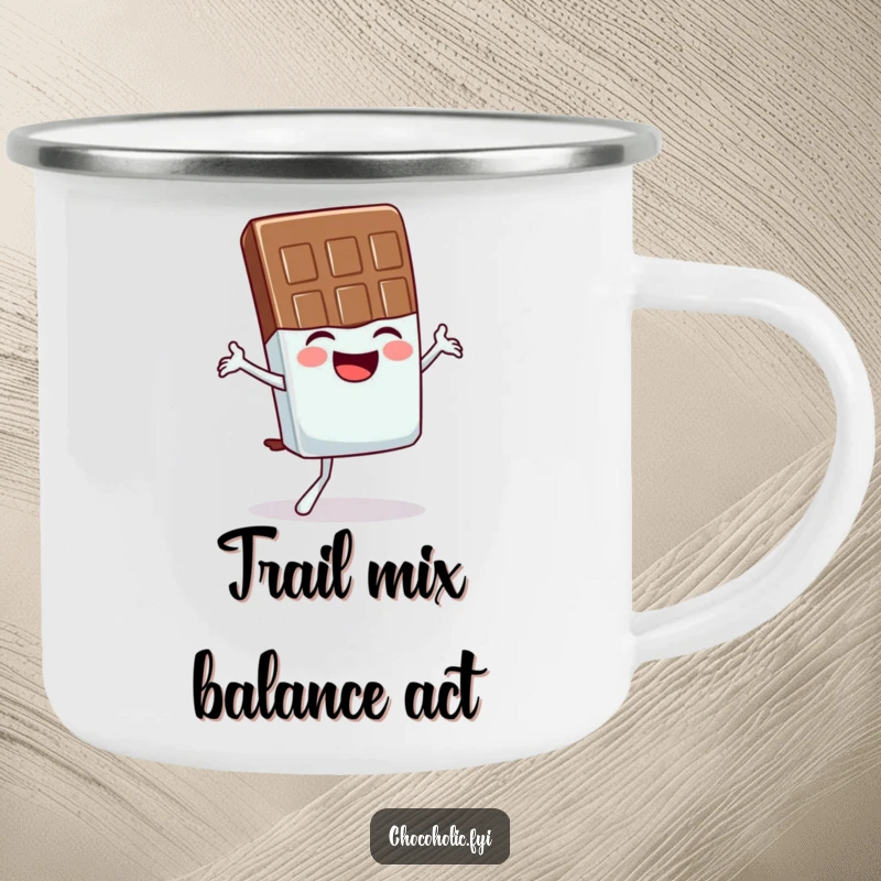Funny camping mug showing a giggling chocolate bar character attempting a wobbly yoga balance pose, perfect for outdoor humor.