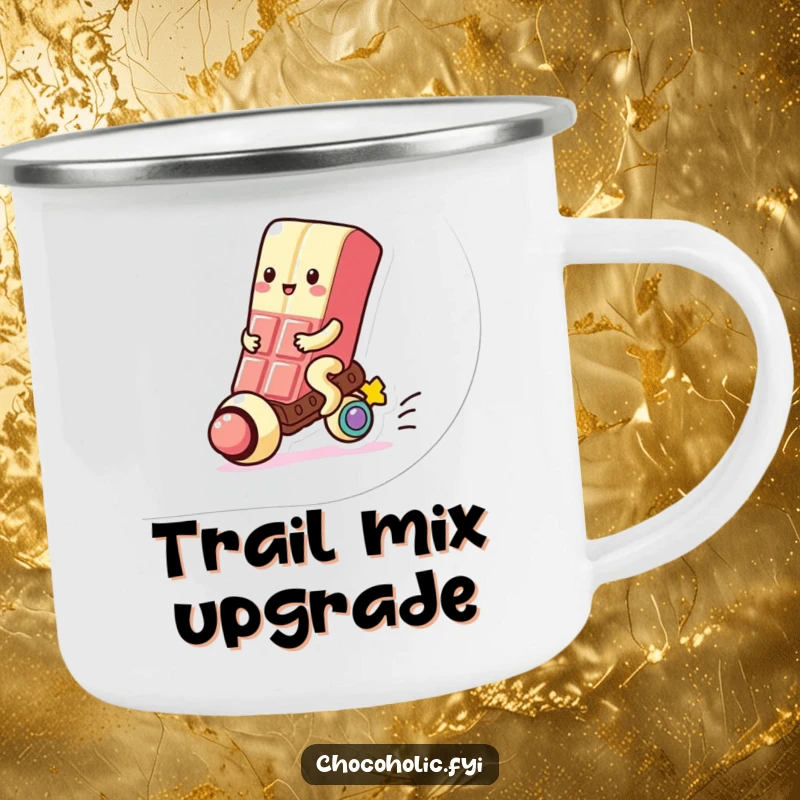 Funny Camping Mug: Kawaii chocolate bar character joyfully rides a gumball, designed for sweet outdoor adventures.