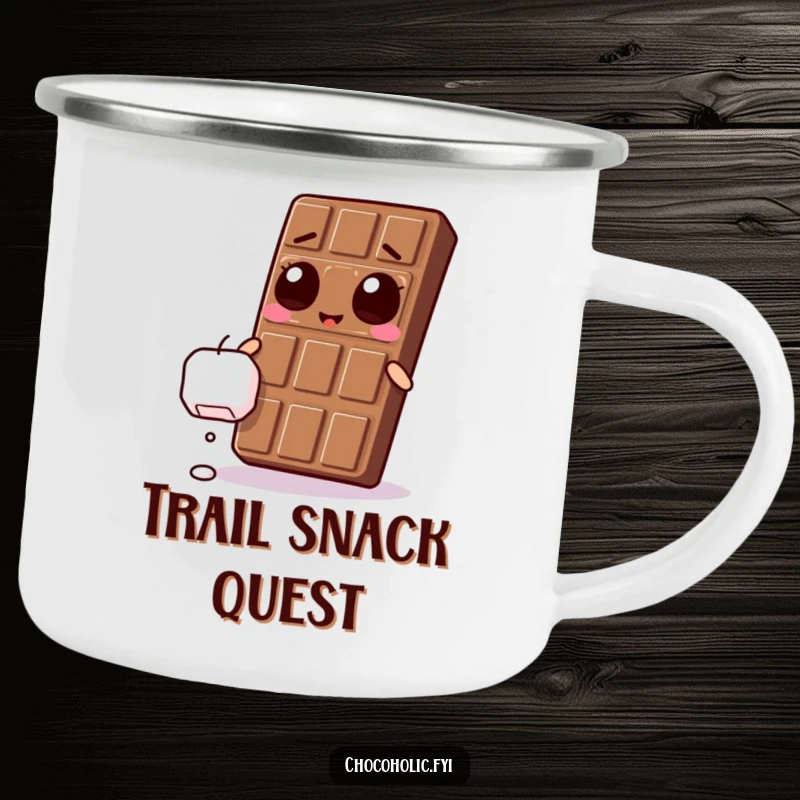 Funny Kawaii chocolate bar with ecstatic eyes, reaching for a falling marshmallow on a durable camping mug.