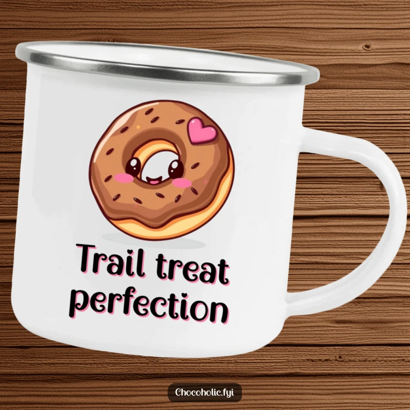 Funny camping mug with a kawaii chocolate donut character and a happy swirl, ideal for sweet sips outdoors.