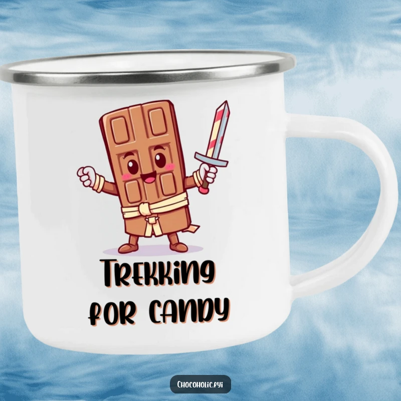 Funny Camping Mug: A heroic kawaii chocolate bar character holds a candy cane sword. Ideal for campers who love cute and funny outdoor gear.