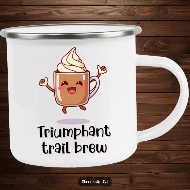 Funny chocolate mug enamel camping mug with a cream swirl character in a celebratory jump, for outdoor fun.