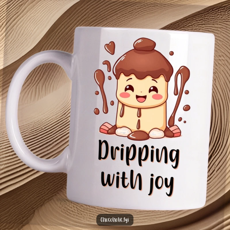 Funny happy chocolate fountain mug character with a wide grin, cascading streams of sweet bliss, representing pure dessert joy.