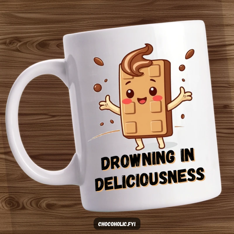 Funny Mug: Kawaii chocolate bar character with open arms embraces a swirling cocoa cloud, symbolizing sweet comfort and delight.