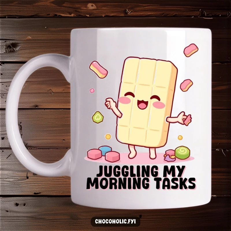 Funny kawaii candy bar character juggling smaller candies playfully on a mug, delightful and skilled.