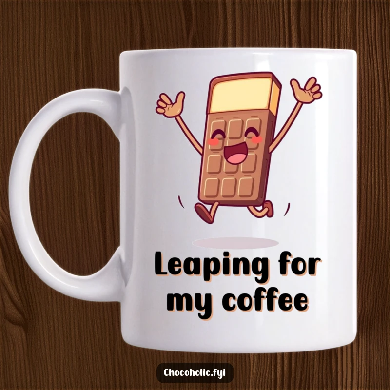 Funny chocolate bar mug with a character doing a dramatic, joyful leap, expressing pure elation and excitement.