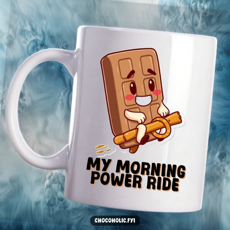 Funny Mug: A goofy chocolate bar with a silly expression rides a pretzel stick like a steed, embarking on a snack adventure.