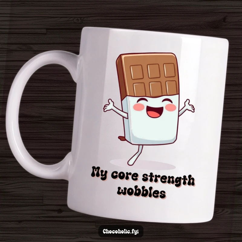 Funny mug featuring a giggling chocolate bar character attempting a very wobbly yoga balance pose with a smile.