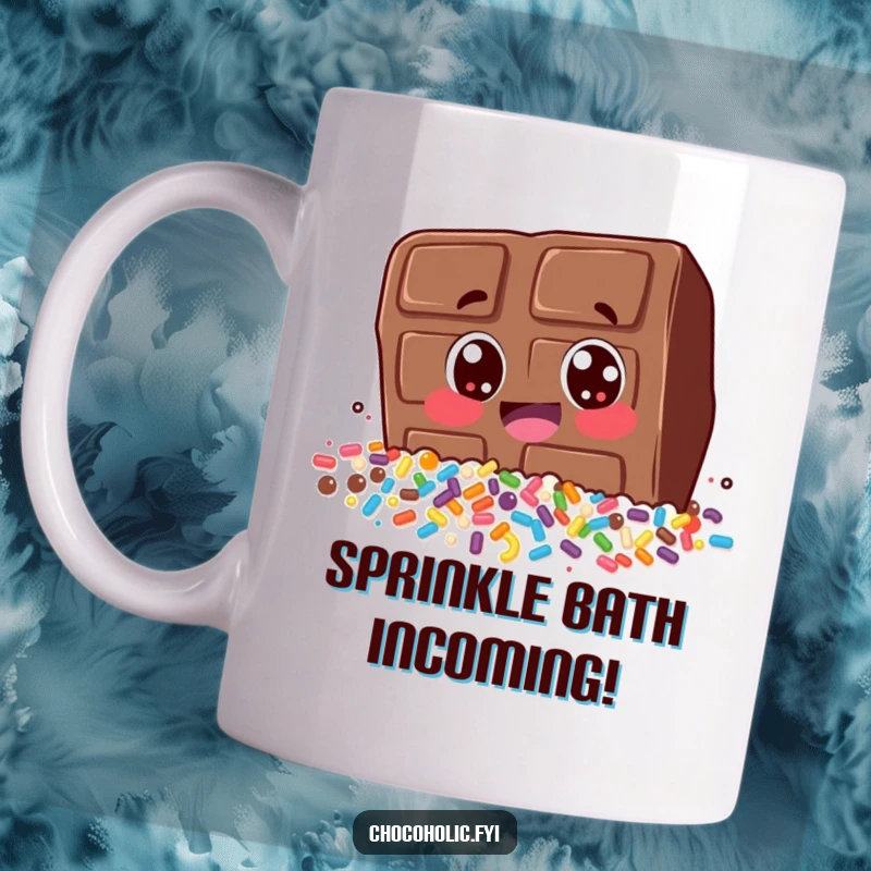 Funny mug with a chocolate bar character excitedly diving headfirst into a mountain of colorful sprinkles. Pure sugary bliss captured.