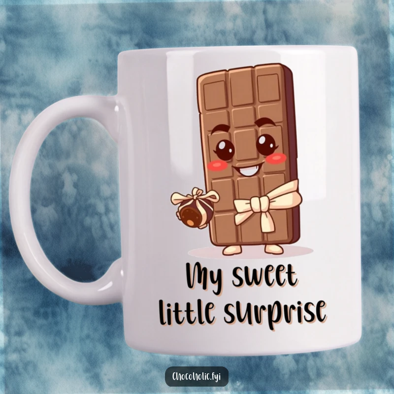 Funny mug featuring a grinning chocolate bar character holding out a small, wrapped truffle, suggesting a sweet and humorous exchange.
