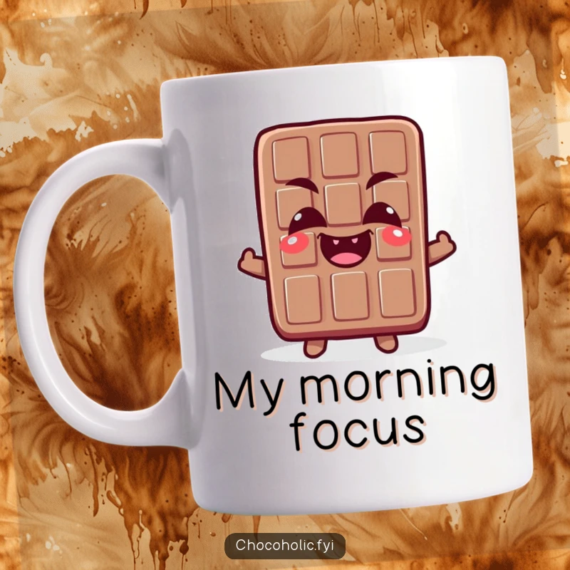 Funny mug showing a chocolate bar character with comically crossed eyes, mid-giggle, expressing pure, delightful silliness.