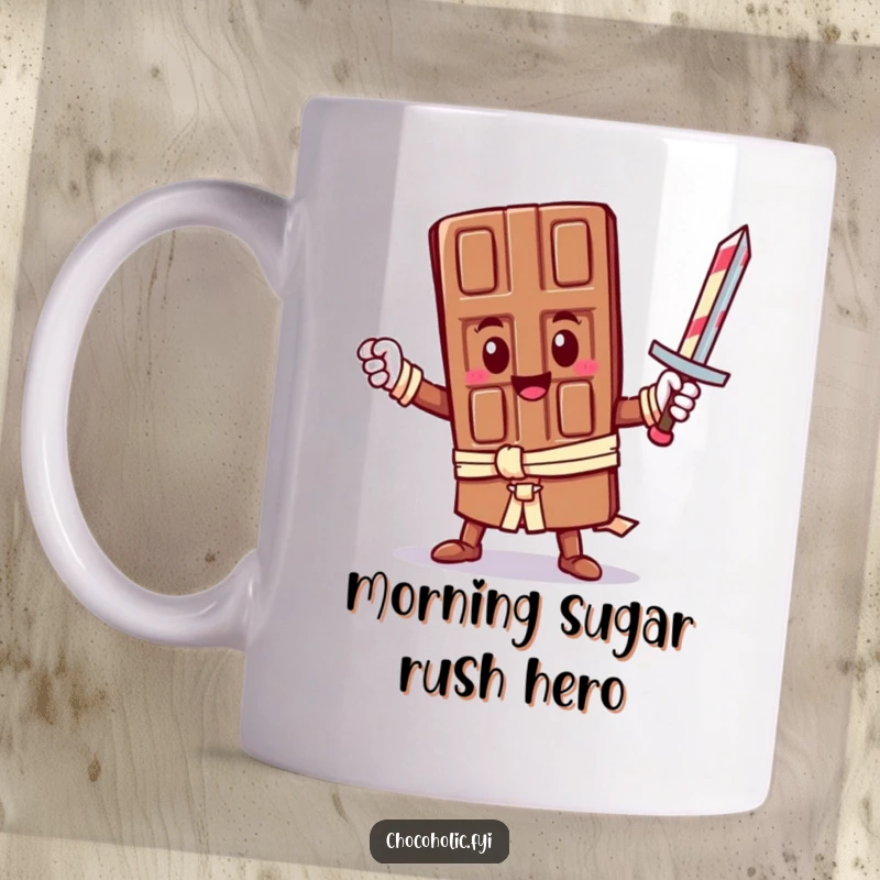 Funny Mug: A brave kawaii chocolate bar strikes a heroic pose with a candy cane sword. Perfect for fans of cute, funny, and epic designs.