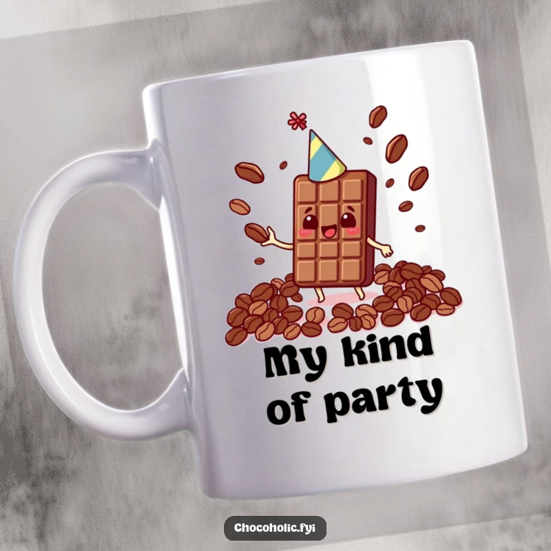 Funny Kawaii chocolate bar wearing a party hat, joyfully juggling cocoa beans on a festive mug.